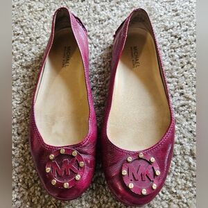 Michael Kors Magenta Flats with Floral Gold Logo Rosettes, Size 8